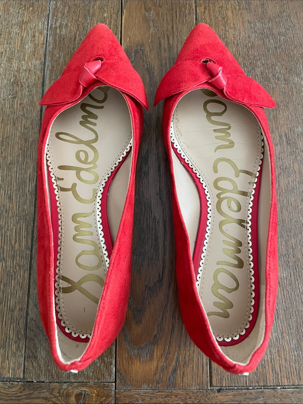 Sam Edelman Red Suede Pointed-Toe Bow Flats